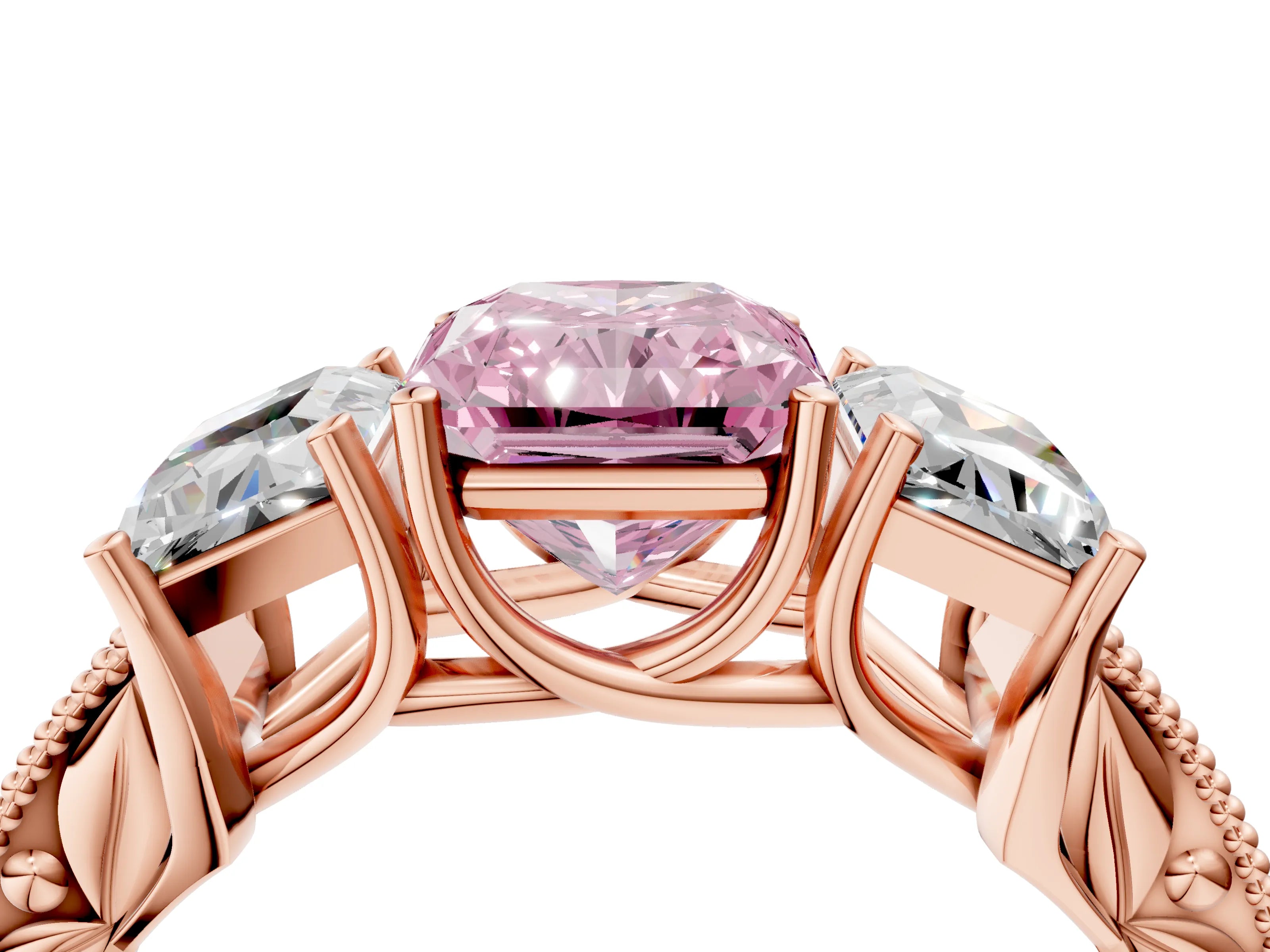 Rose gold Three-Stone Fancy Pink Radiant Cut Cut Milgrain Pavé Engagement Ring_4