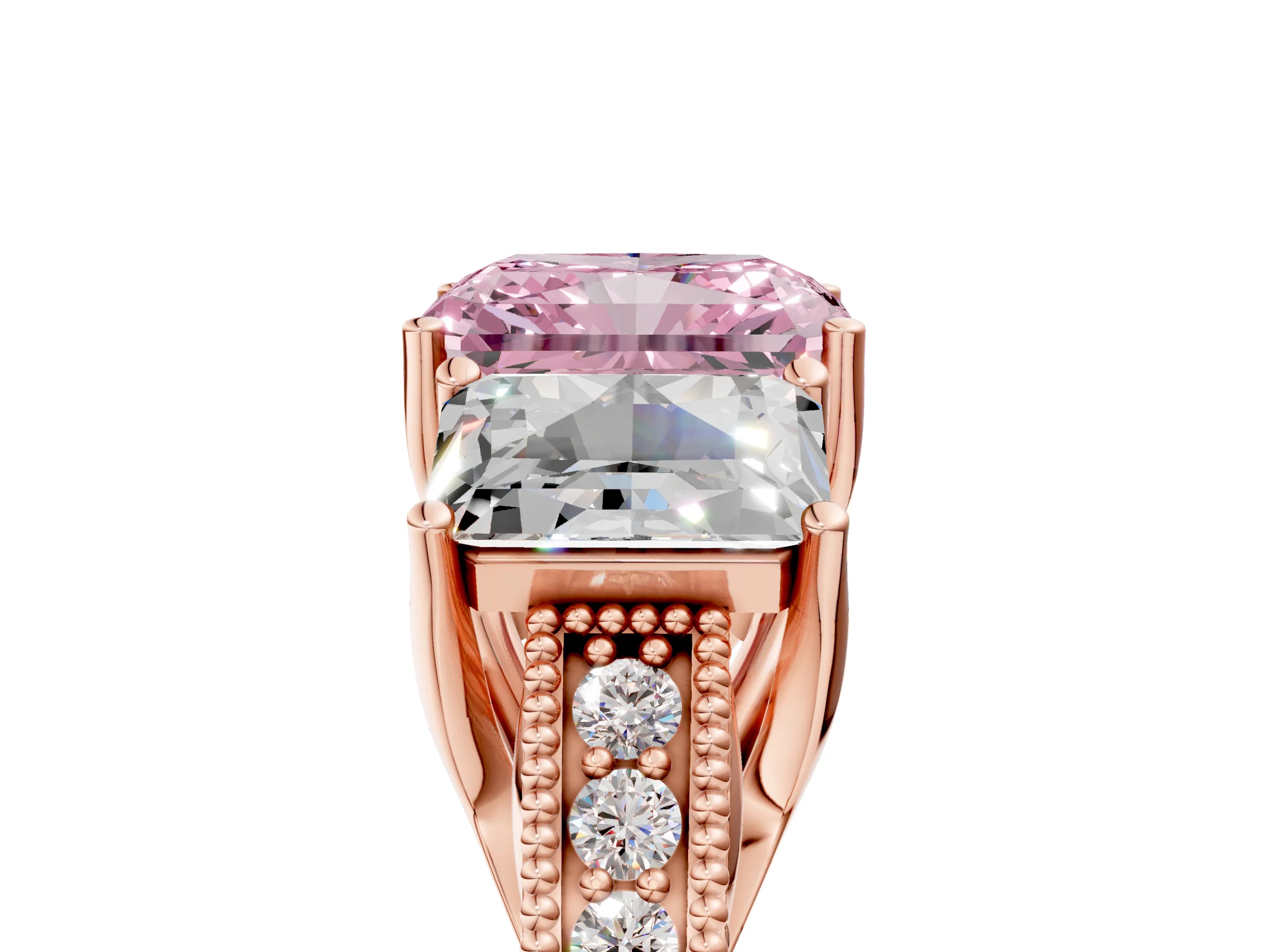 Rose gold Three-Stone Fancy Pink Radiant Cut Cut Milgrain Pavé Engagement Ring_5