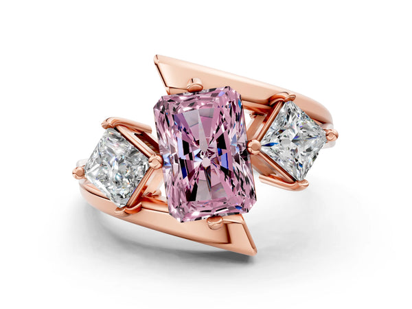 Rose gold Three-Stone Fancy Pink Radiant Cut Cut Tension Band Ring with Four-Prong Setting