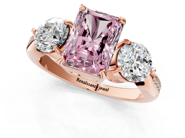 Rose gold Three-Stone Fancy Pink Radiant Cut Diamond Channel Set Engagement Ring with Prong Setting
