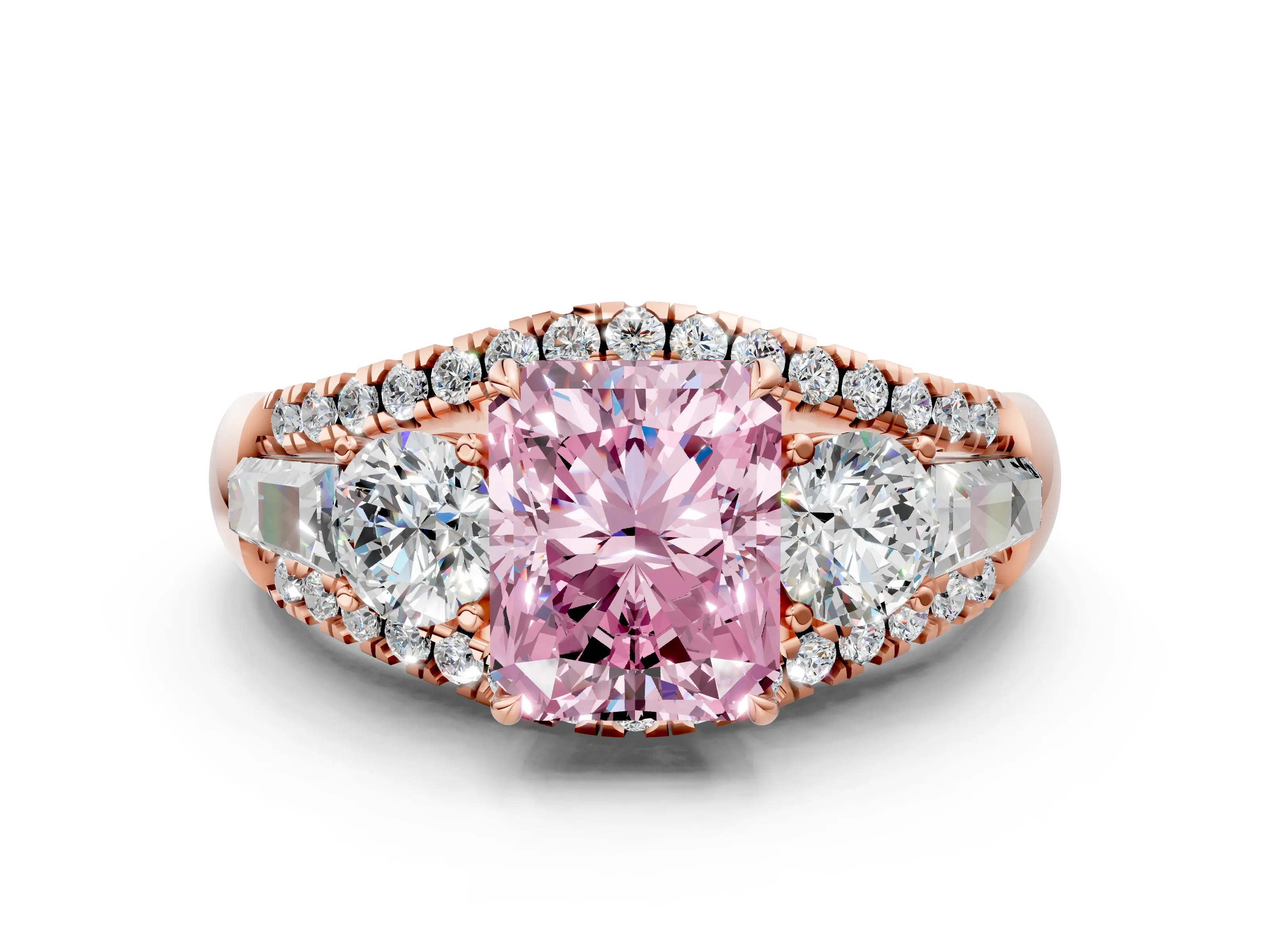 Rose gold Three-Stone Fancy Pink Radiant Cut Diamond Engagement Ring with Pave Band and Prong Setting