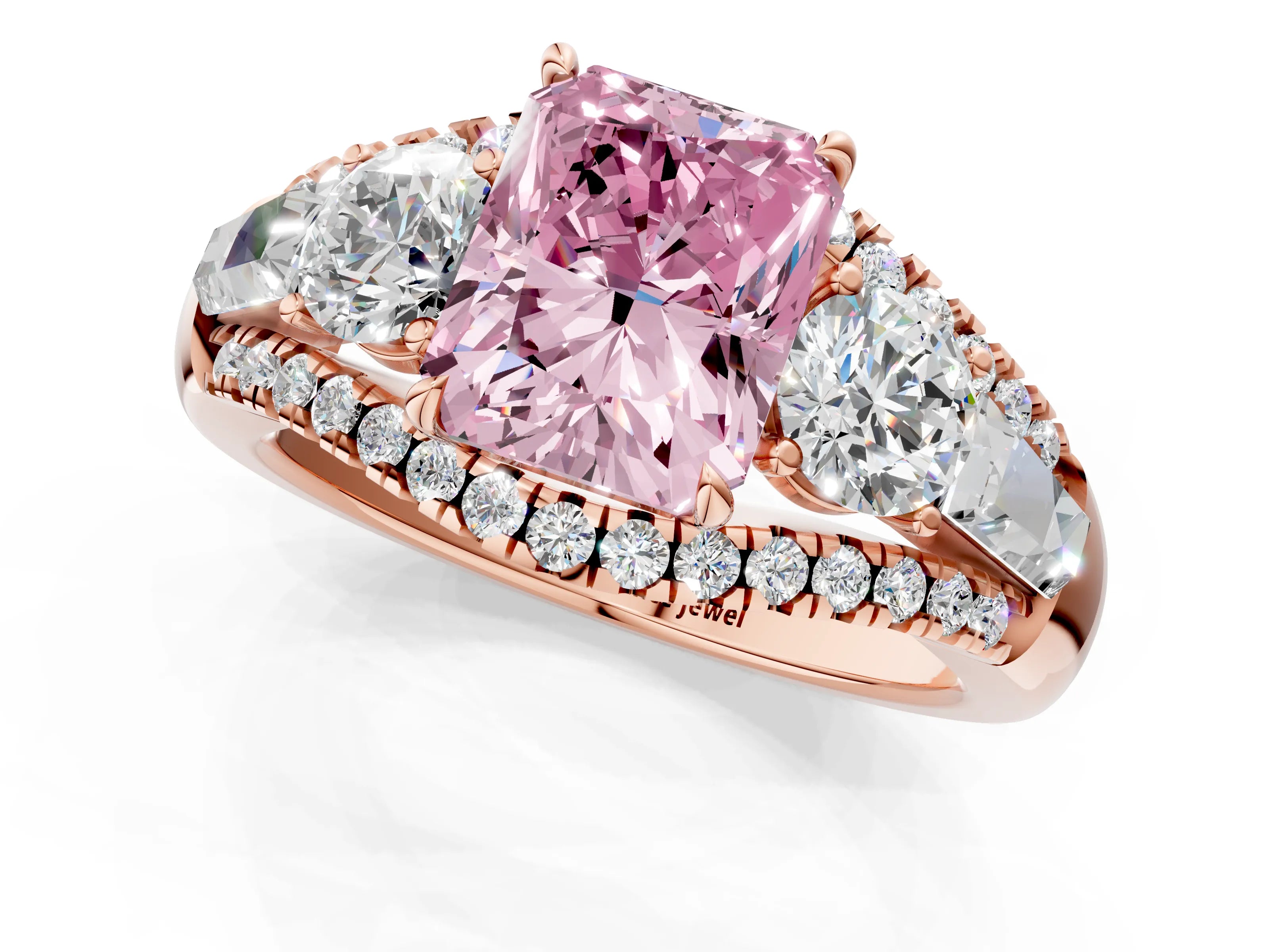 Rose gold Three-Stone Fancy Pink Radiant Cut Diamond Engagement Ring with Pave Band and Prong Setting_1