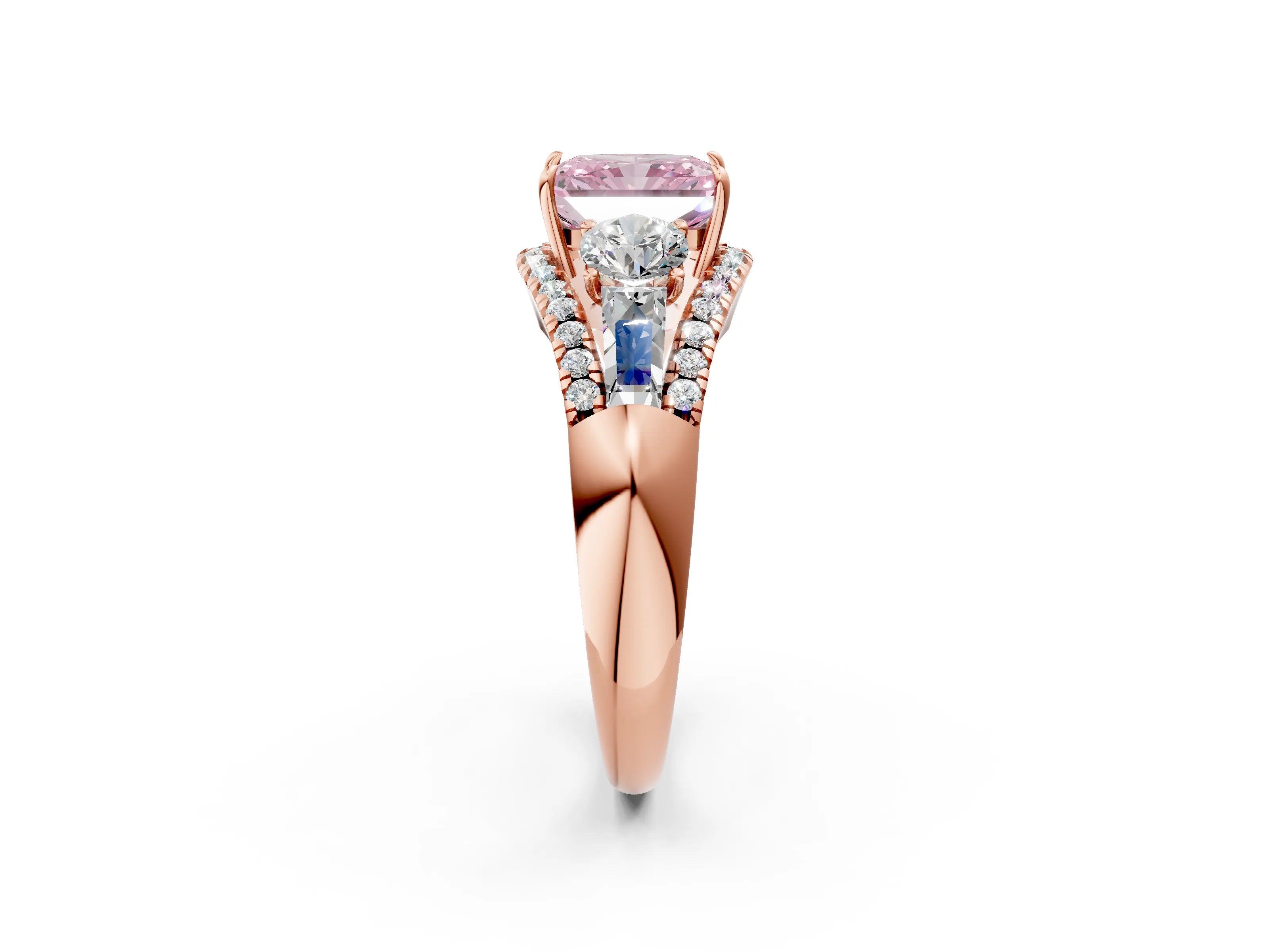 Rose gold Three-Stone Fancy Pink Radiant Cut Diamond Engagement Ring with Pave Band and Prong Setting_2