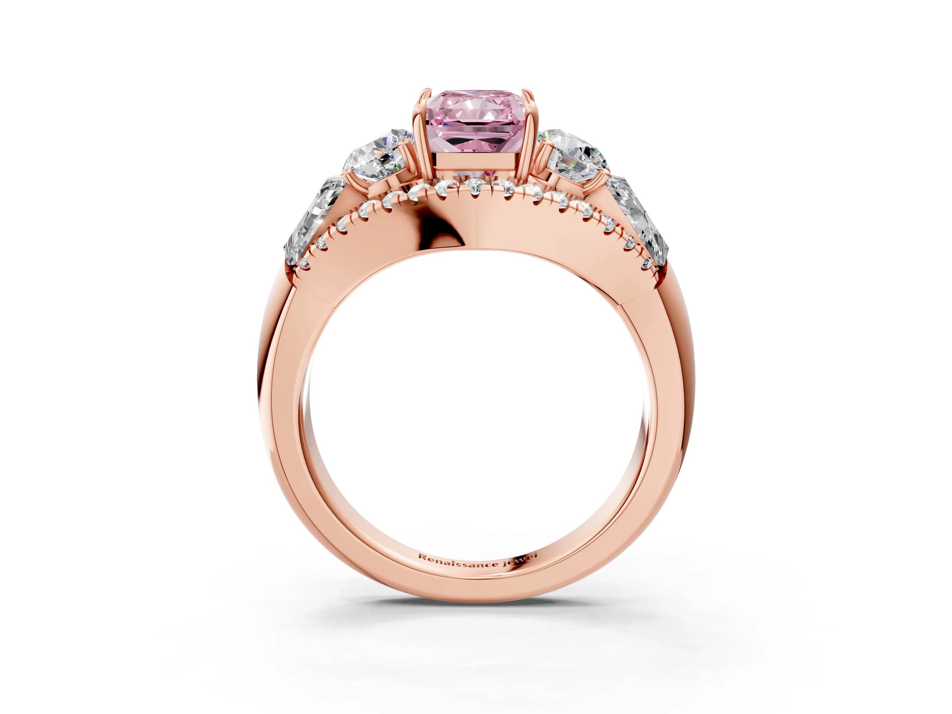 Rose gold Three-Stone Fancy Pink Radiant Cut Diamond Engagement Ring with Pave Band and Prong Setting_3