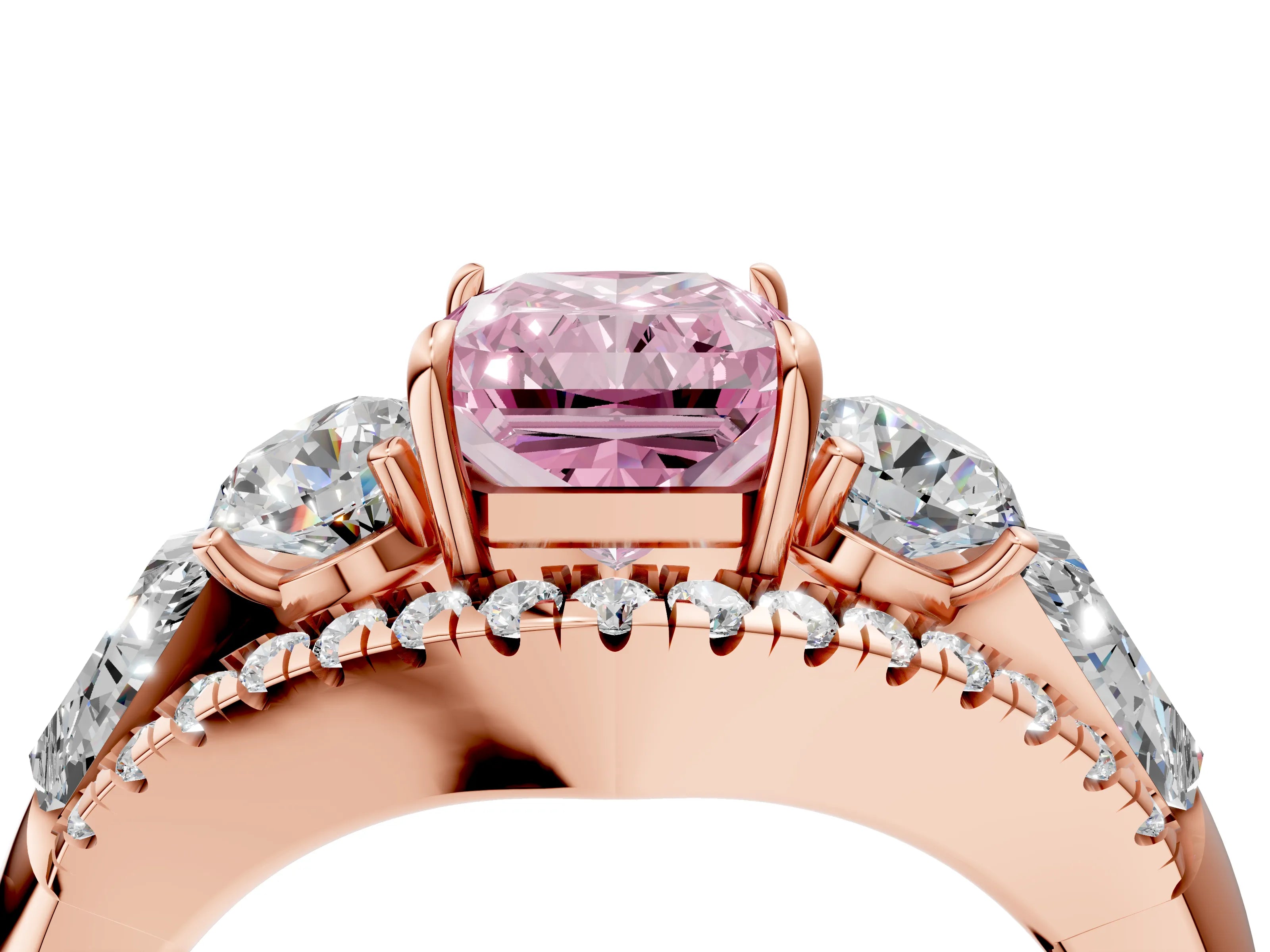 Rose gold Three-Stone Fancy Pink Radiant Cut Diamond Engagement Ring with Pave Band and Prong Setting_4
