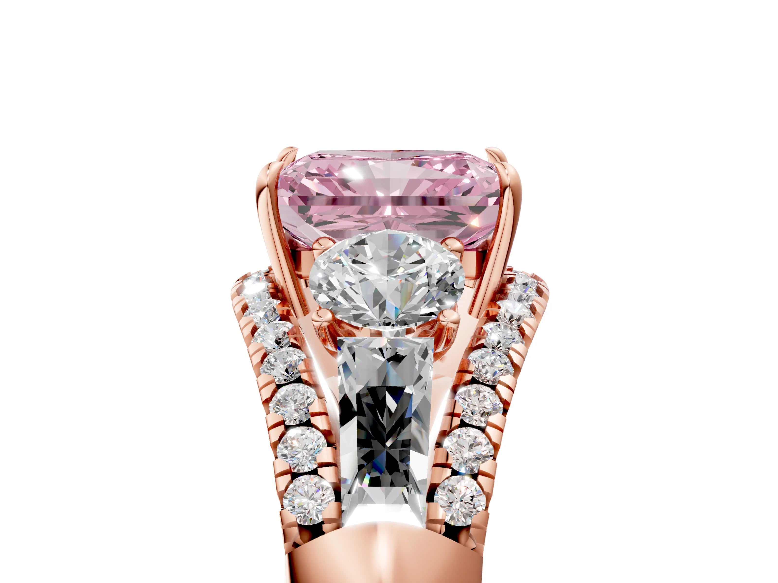 Rose gold Three-Stone Fancy Pink Radiant Cut Diamond Engagement Ring with Pave Band and Prong Setting_5
