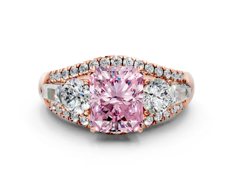 Rose gold Three-Stone Fancy Pink Radiant Cut Diamond Engagement Ring with Pave Band and Prong Setting