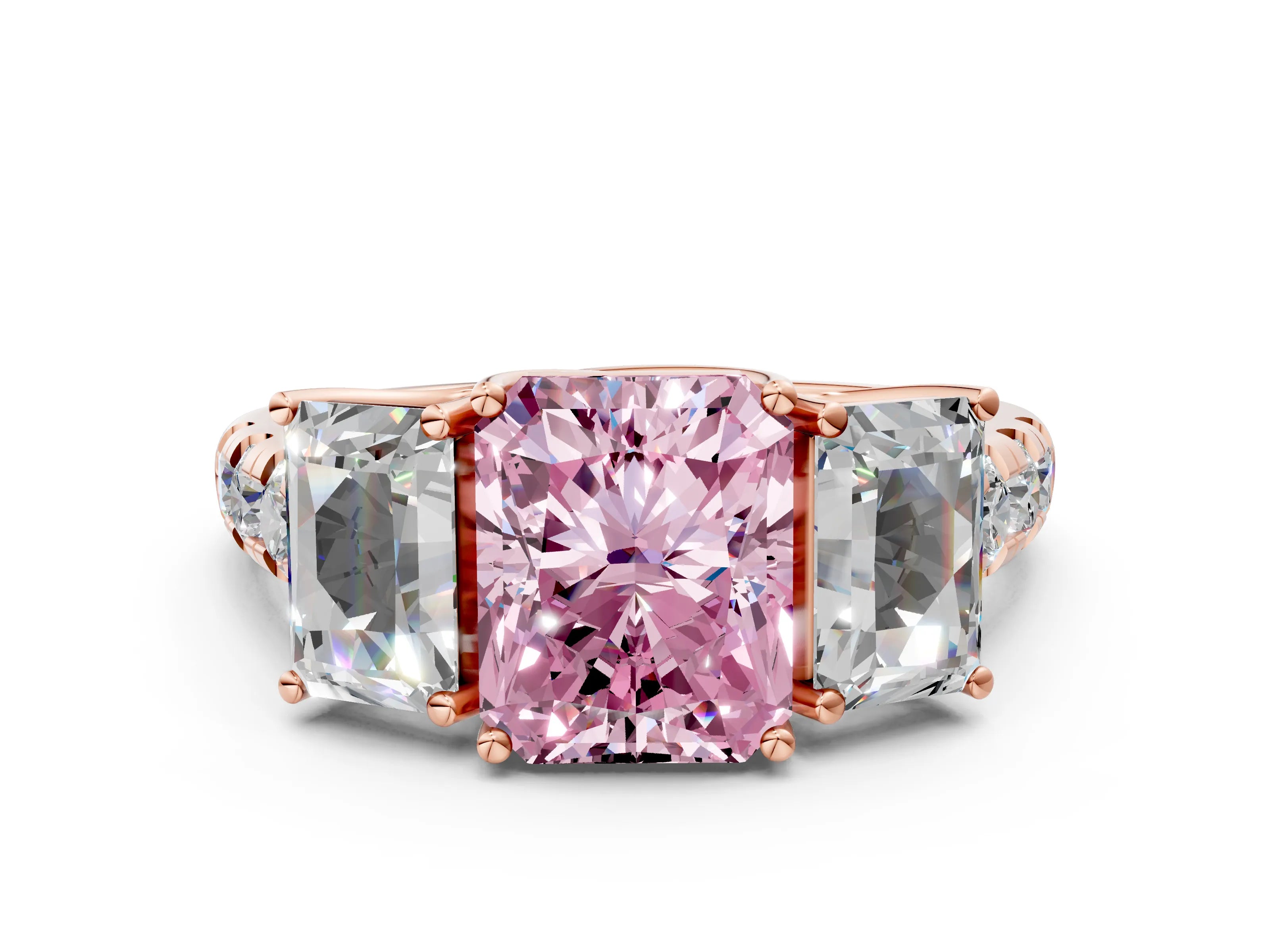 Rose gold Three-Stone Fancy Pink Radiant Cut Diamond Pavé Band with Prong Setting