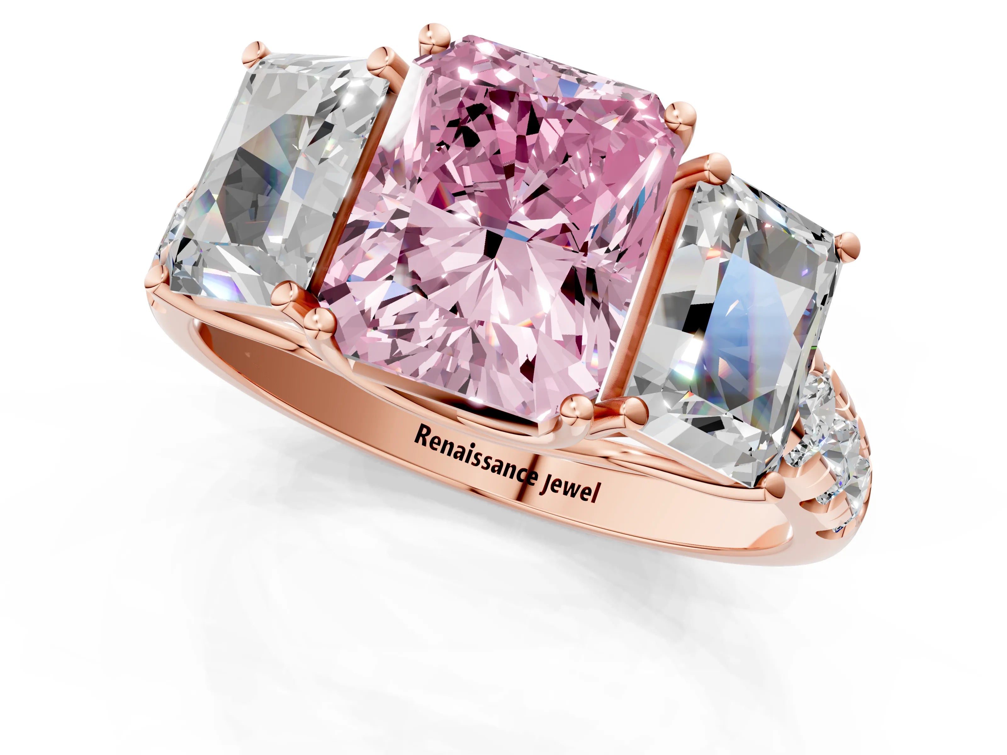 Rose gold Three-Stone Fancy Pink Radiant Cut Diamond Pavé Band with Prong Setting_1
