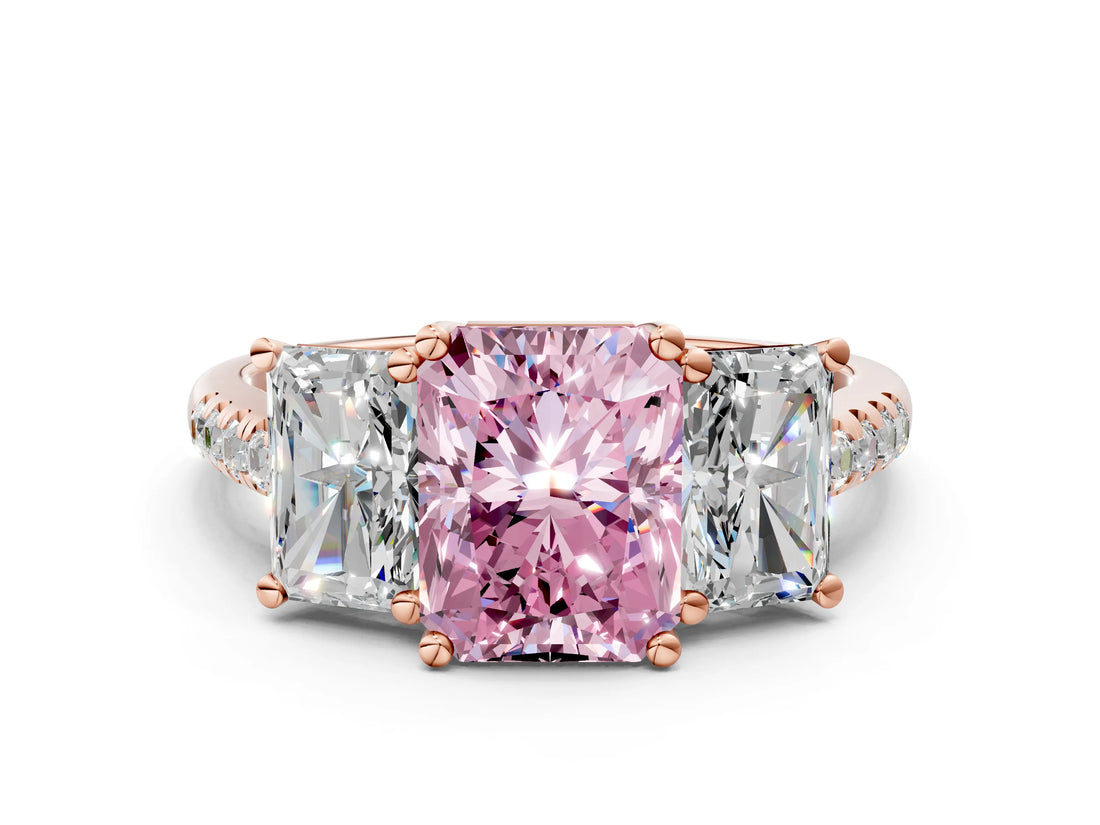 Rose gold Three-Stone Fancy Pink Radiant Cut Diamond Ring with Pavé Band and Prong Setting_62