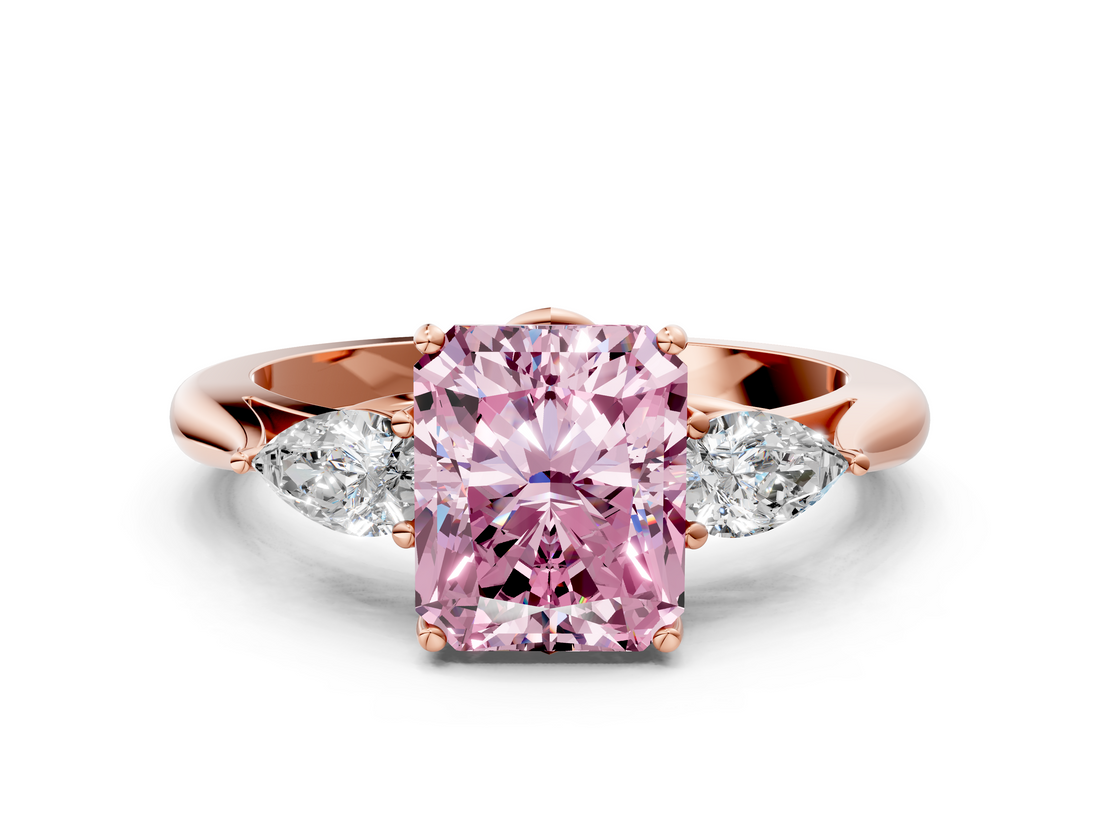 Rose gold Three-Stone Fancy Pink Radiant  Cut Diamond Ring with Pear Side Stones in Four-Prong Setting_109