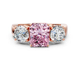 Rose gold Three-Stone Fancy Pink Radiant Cut Diamond Ring with Round Side Stones, Classic Band, and Four-Prong Setting