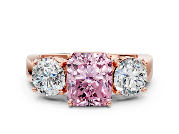 Rose Gold Radiant Cut Wide Band Three Stone Engagement Ring Setting for Fancy Pink Center