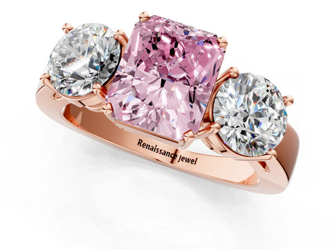 Rose gold Three-Stone Fancy Pink Radiant Cut Diamond Ring with Round Side Stones, Classic Band, and Four-Prong Setting_1