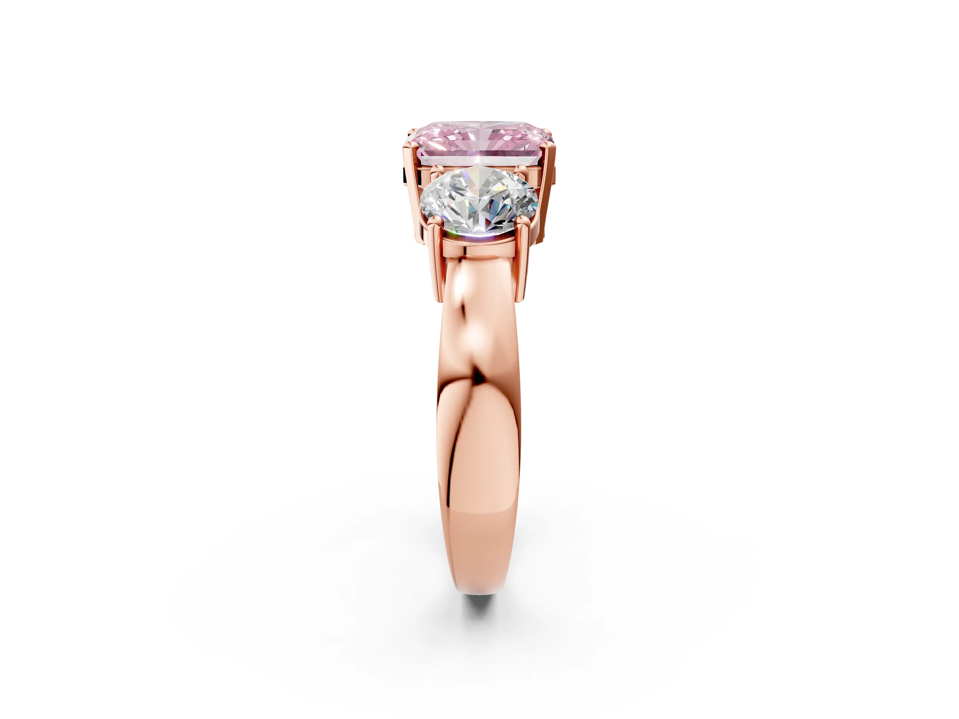 Rose gold Three-Stone Fancy Pink Radiant Cut Diamond Ring with Round Side Stones, Classic Band, and Four-Prong Setting_2