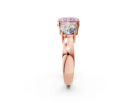 Rose gold Three-Stone Fancy Pink Radiant Cut Diamond Ring with Round Side Stones, Classic Band, and Four-Prong Setting_2