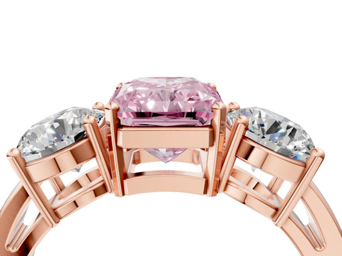 Rose gold Three-Stone Fancy Pink Radiant Cut Diamond Ring with Round Side Stones, Classic Band, and Four-Prong Setting_4