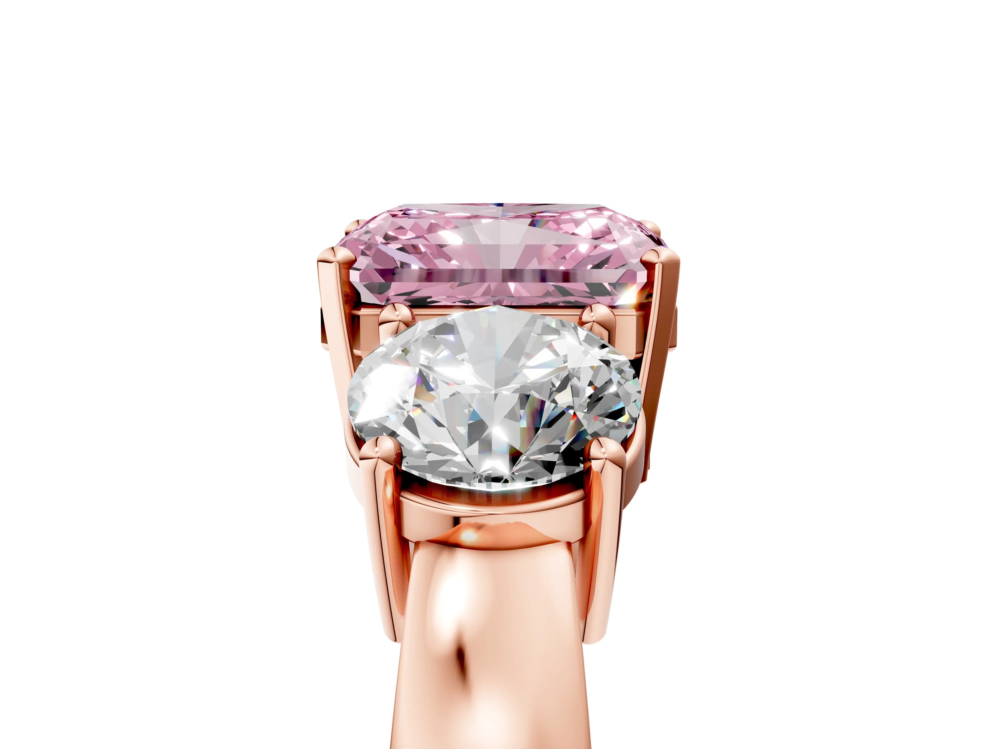 Rose gold Three-Stone Fancy Pink Radiant Cut Diamond Ring with Round Side Stones, Classic Band, and Four-Prong Setting_5