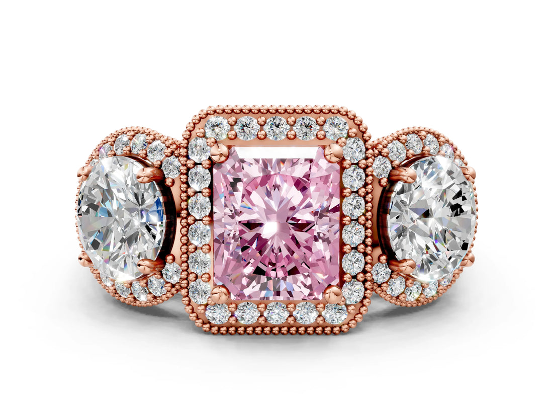 Rose gold Three-Stone Fancy Pink Radiant Cut Halo Diamond Milgrain Band with Four-Prong Setting_12