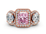 Rose gold Three-Stone Fancy Pink Radiant Cut Halo Diamond Milgrain Band with Four-Prong Setting_12