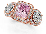 Rose gold Three-Stone Fancy Pink Radiant Cut Halo Diamond Milgrain Band with Four-Prong Setting_13