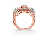 Rose gold Three-Stone Fancy Pink Radiant Cut Halo Diamond Milgrain Band with Four-Prong Setting_15