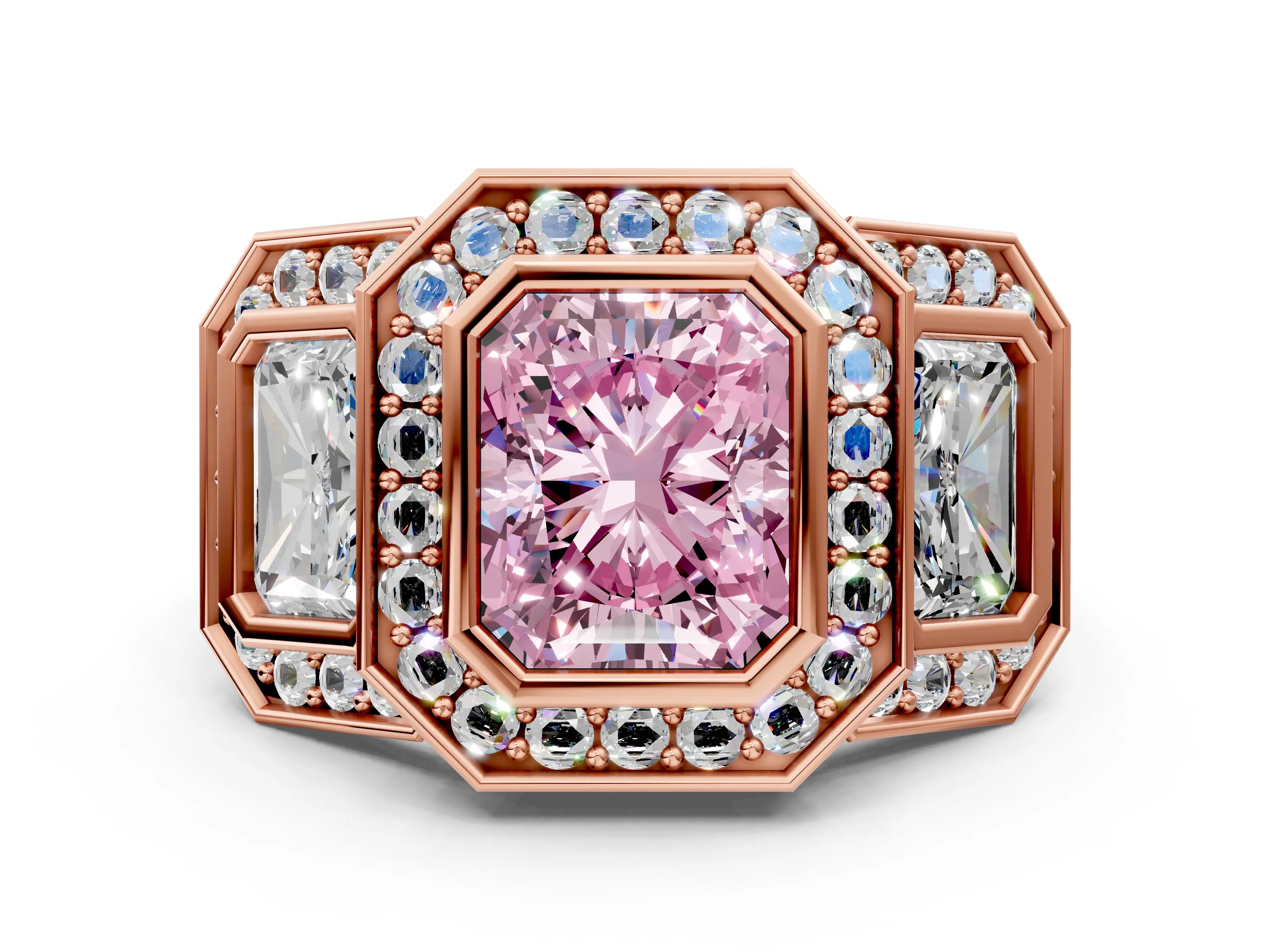 Rose gold Three-Stone Fancy Pink Radiant Cut Halo Pavé Diamond Ring_12