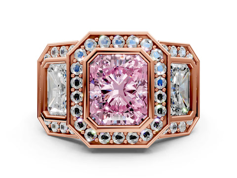 Rose gold Three-Stone Fancy Pink Radiant Cut Halo Pavé Diamond Ring_12