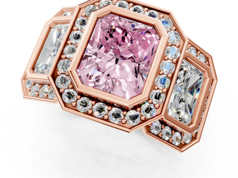 Rose gold Three-Stone Fancy Pink Radiant Cut Halo Pavé Diamond Ring_13