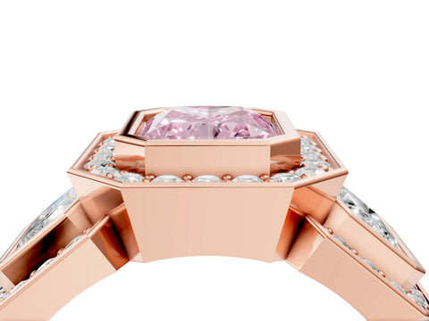 Rose gold Three-Stone Fancy Pink Radiant Cut Halo Pavé Diamond Ring_16