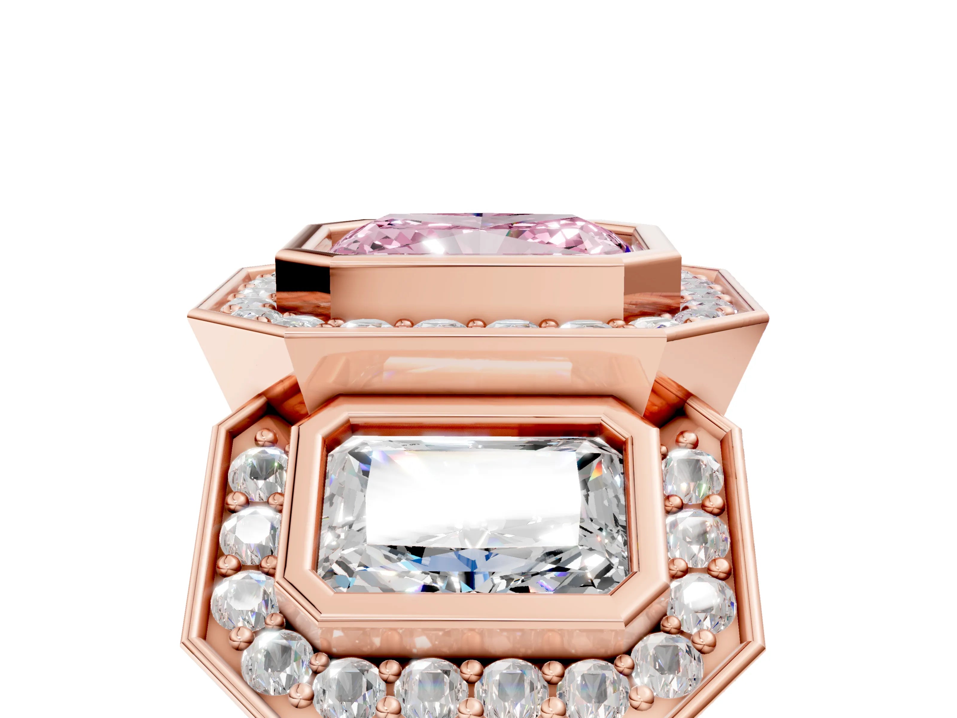 Rose gold Three-Stone Fancy Pink Radiant Cut Halo Pavé Diamond Ring_17
