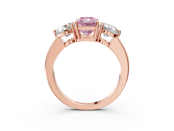 Rose gold Fancy Pink Radiant Cut Diamond Three-Stone Ring with Prong Setting and Classic Band