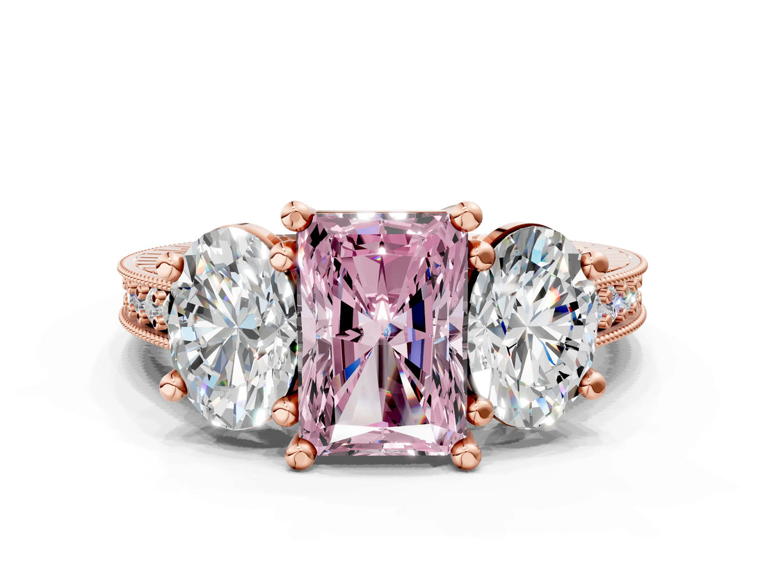 Rose gold Three-Stone Fancy Pink Radiant  Diamond Milgrain Pave Band with Prong Setting 1