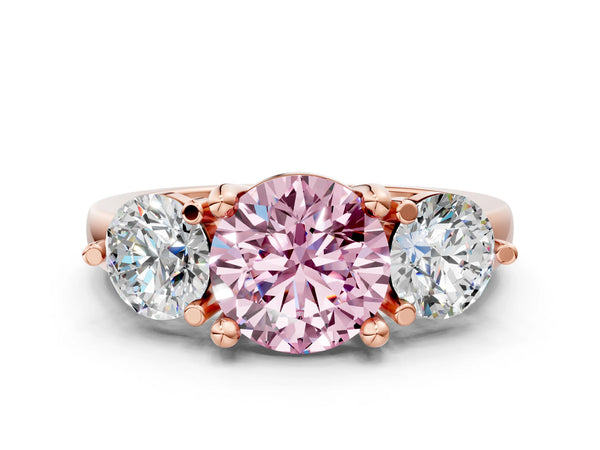 Rose gold Three-Stone Fancy Pink Round  Brilliant Cut Solitaire Ring with Prong Setting on a Classic Band