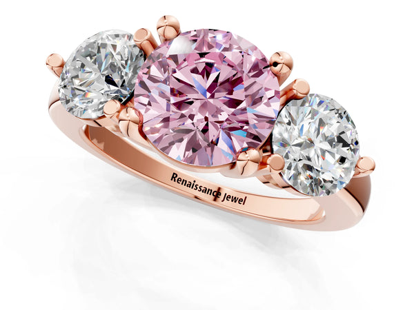 Rose gold Three-Stone Fancy Pink Round  Brilliant Cut Solitaire Ring with Prong Setting on a Classic Band