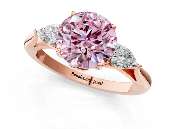 Rose gold Three-Stone Fancy Pink Round Cut Brilliant Diamond Solitaire Ring with Tapered Band and Four-Prong Setting