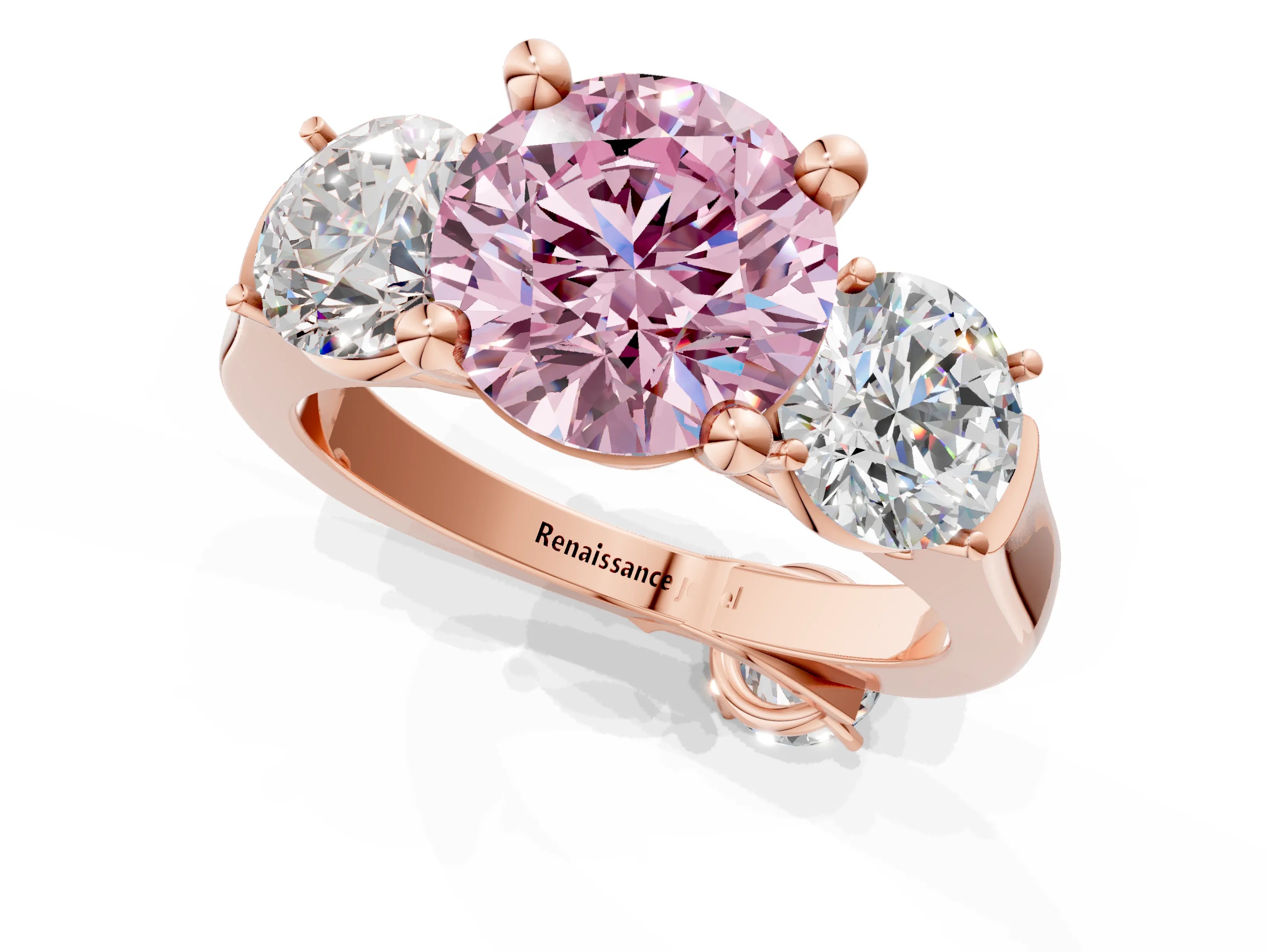 Rose gold Three-Stone Fancy Pink Round Cut Brilliant Diamond Trellis Ring with Comfort Fit Band_13