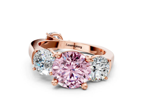Rose gold Three-Stone Fancy Pink Round Cut Brilliant Diamond Trellis Ring with Comfort Fit Band