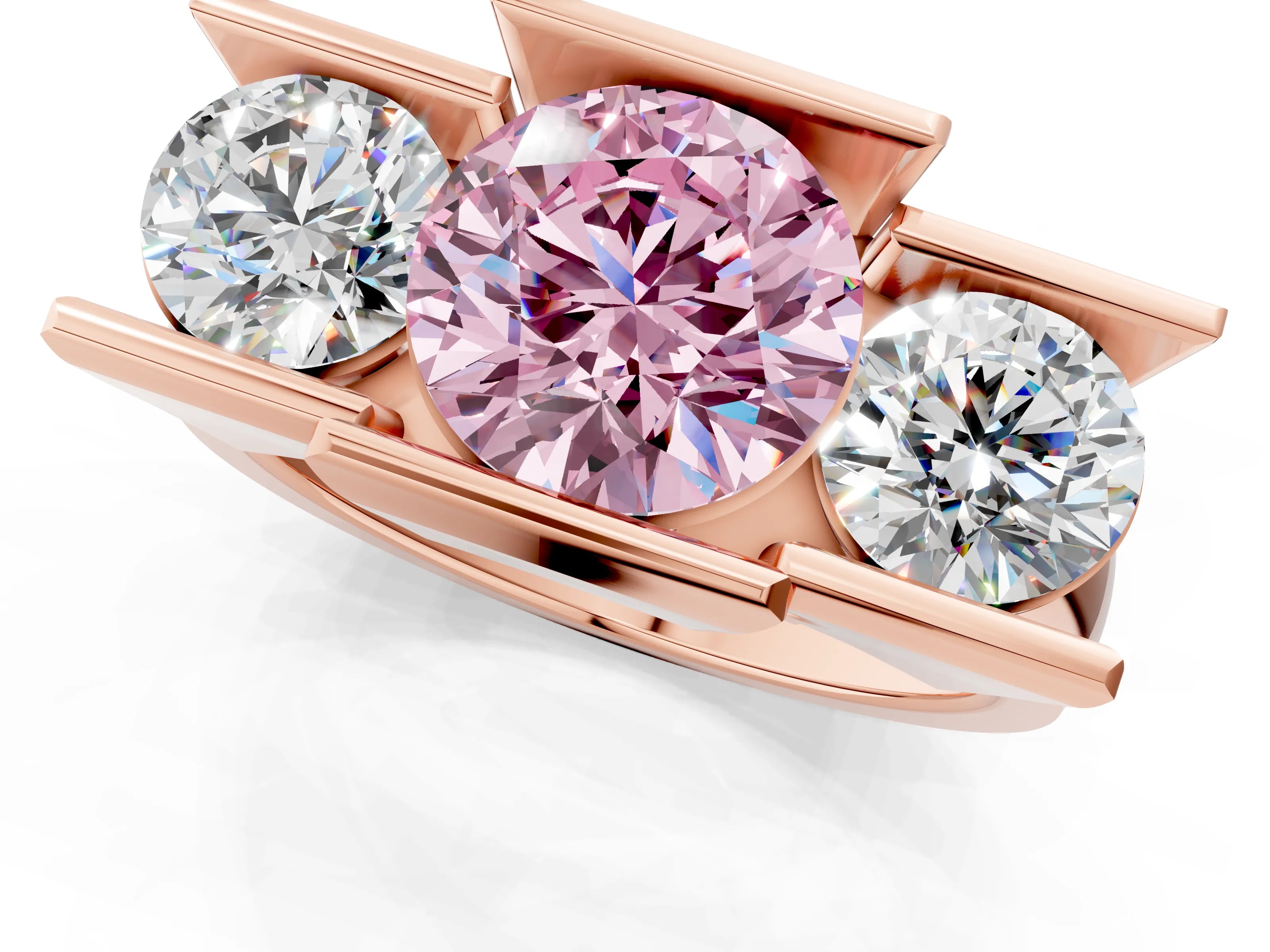 Rose gold Three Stone Fancy Pink Round Cut Cut Channel Set Diamond Ring_1