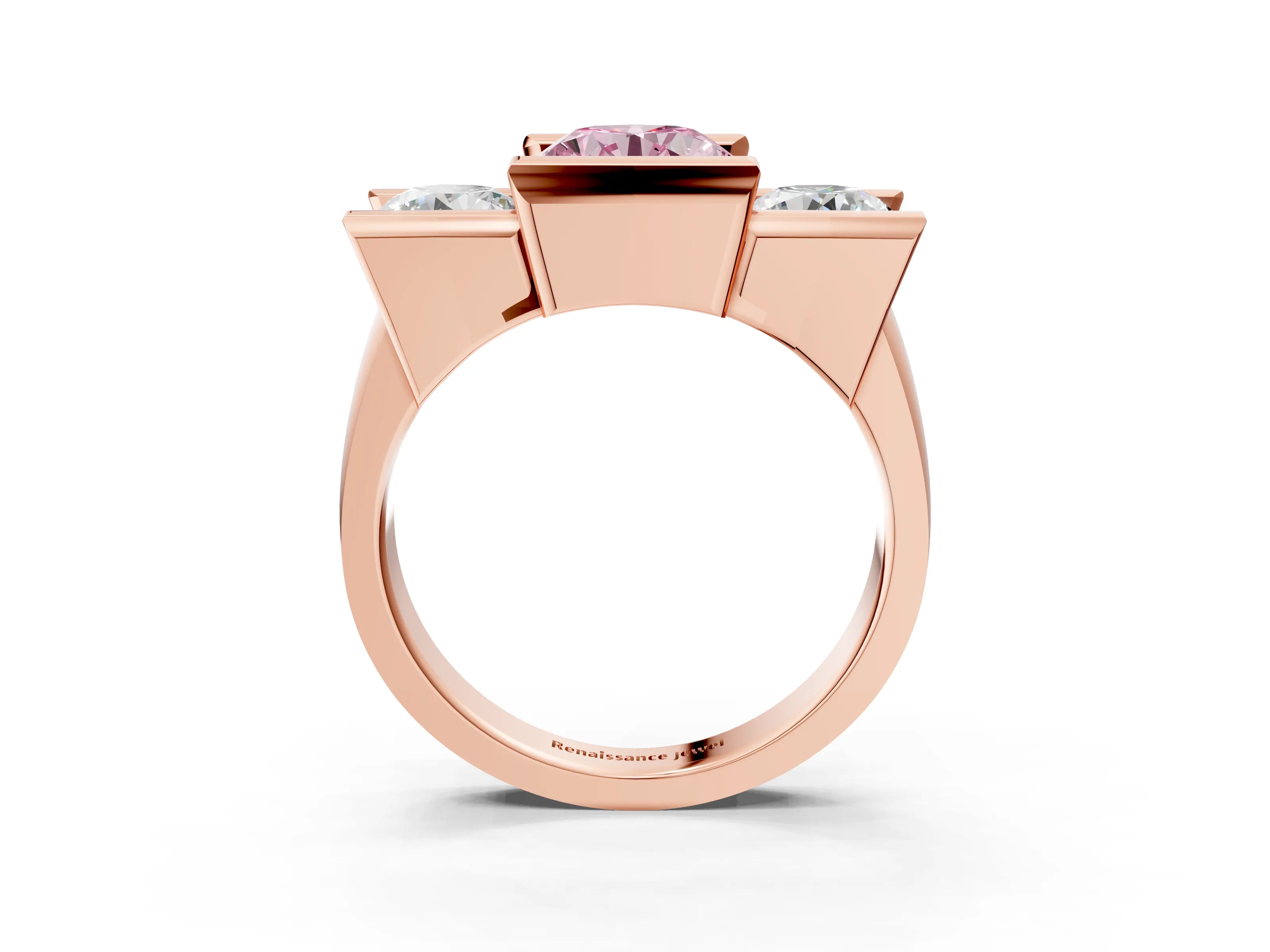 Rose gold Three Stone Fancy Pink Round Cut Cut Channel Set Diamond Ring_3