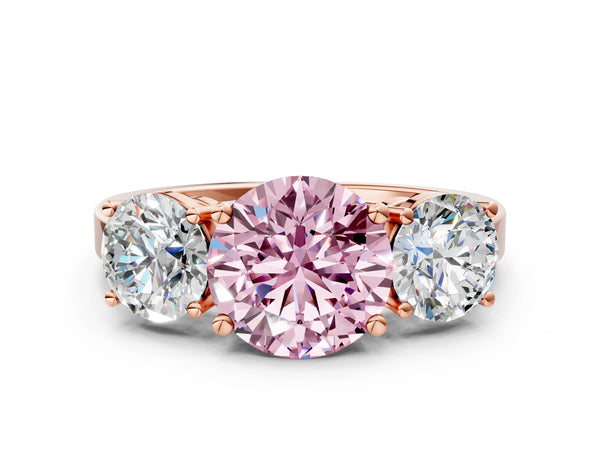 Rose gold Three-Stone Fancy Pink Round Cut Cut Diamond Engagement Ring with Flat Band and Four-Prong Setting