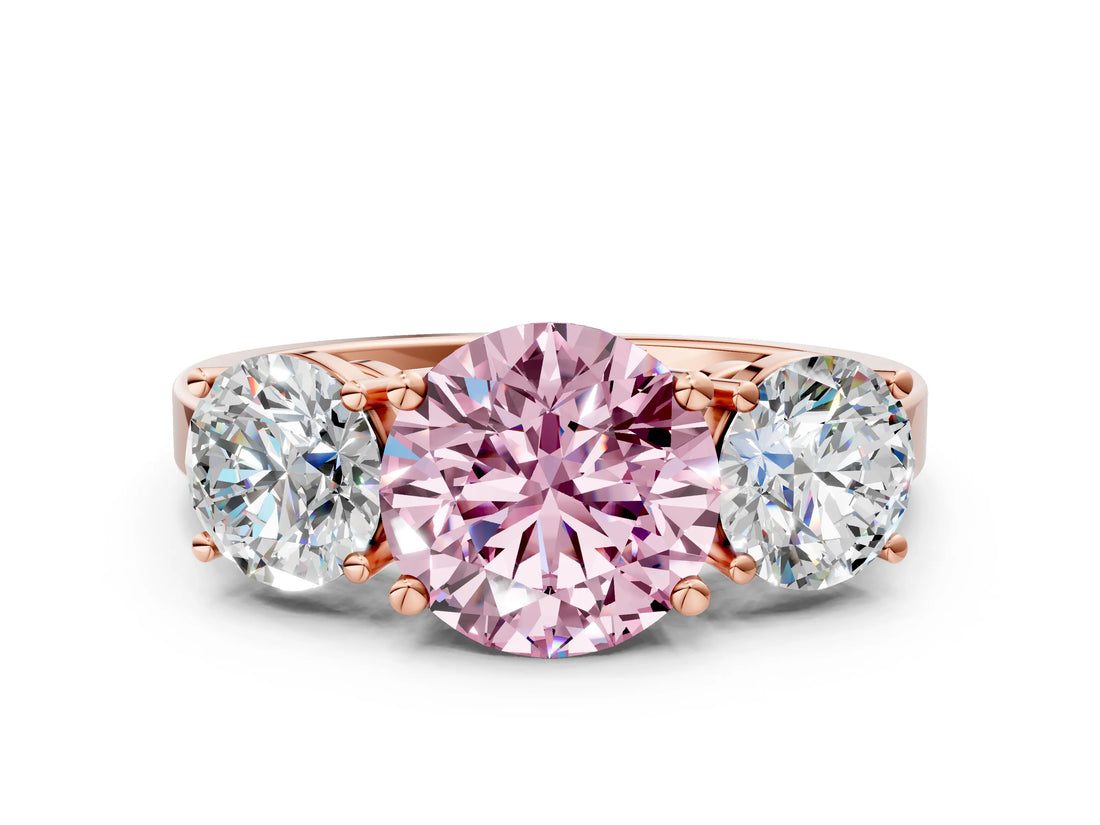 Rose gold Three-Stone Fancy Pink Round Cut Cut Diamond Engagement Ring with Flat Band and Four-Prong Setting_12