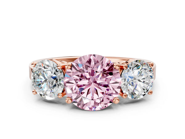 Rose gold Three-Stone Fancy Pink Round Cut Cut Diamond Engagement Ring with Flat Band and Four-Prong Setting