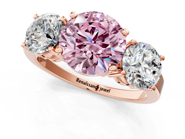 Rose gold Three-Stone Fancy Pink Round Cut Cut Diamond Engagement Ring with Flat Band and Four-Prong Setting