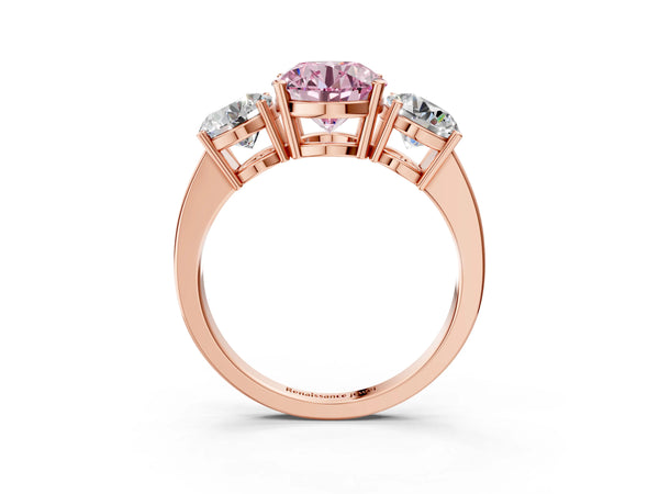 Rose gold Three-Stone Fancy Pink Round Cut Cut Diamond Engagement Ring with Flat Band and Four-Prong Setting