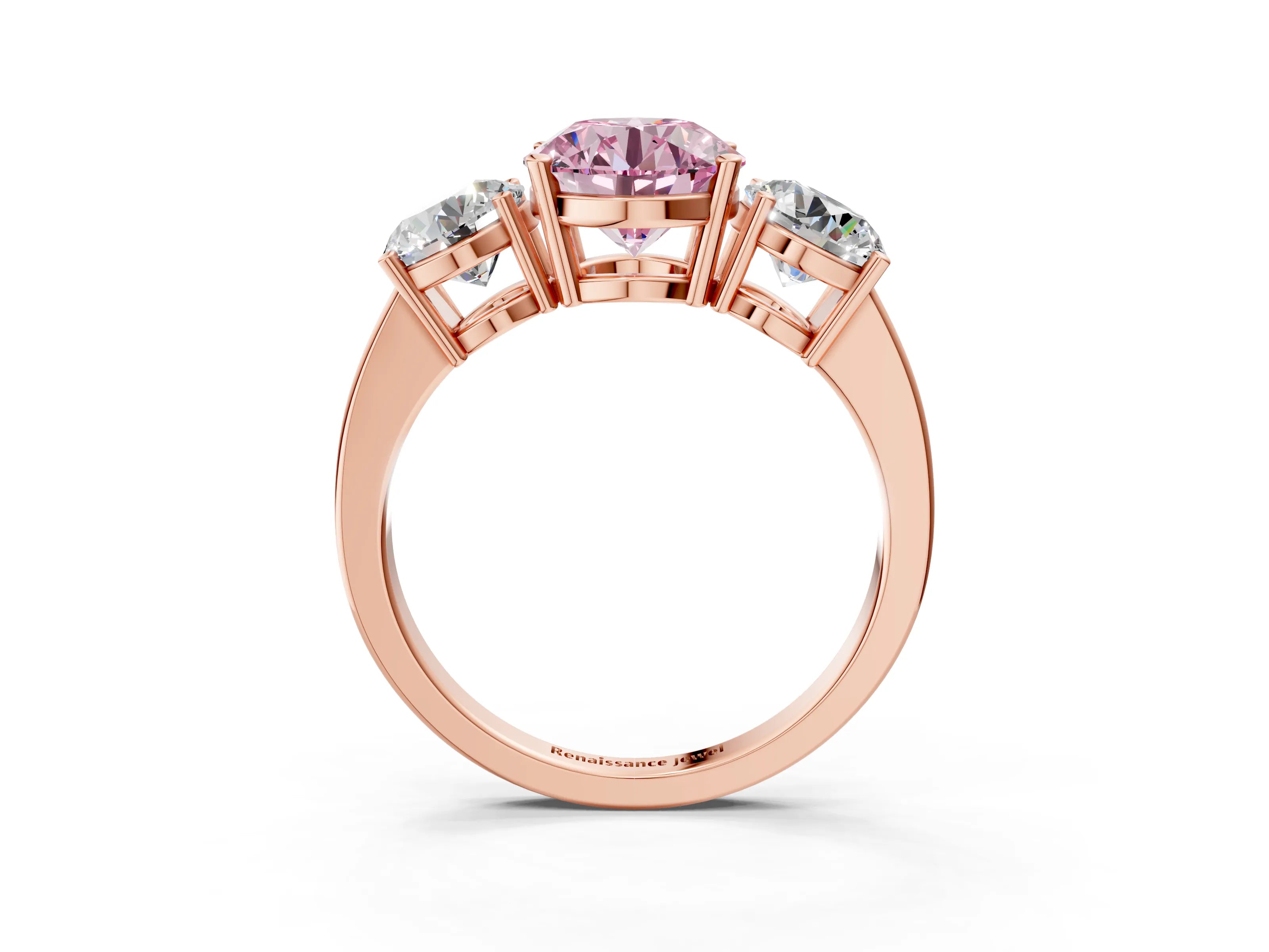 Rose gold Three-Stone Fancy Pink Round Cut Cut Diamond Engagement Ring with Flat Band and Four-Prong Setting_3