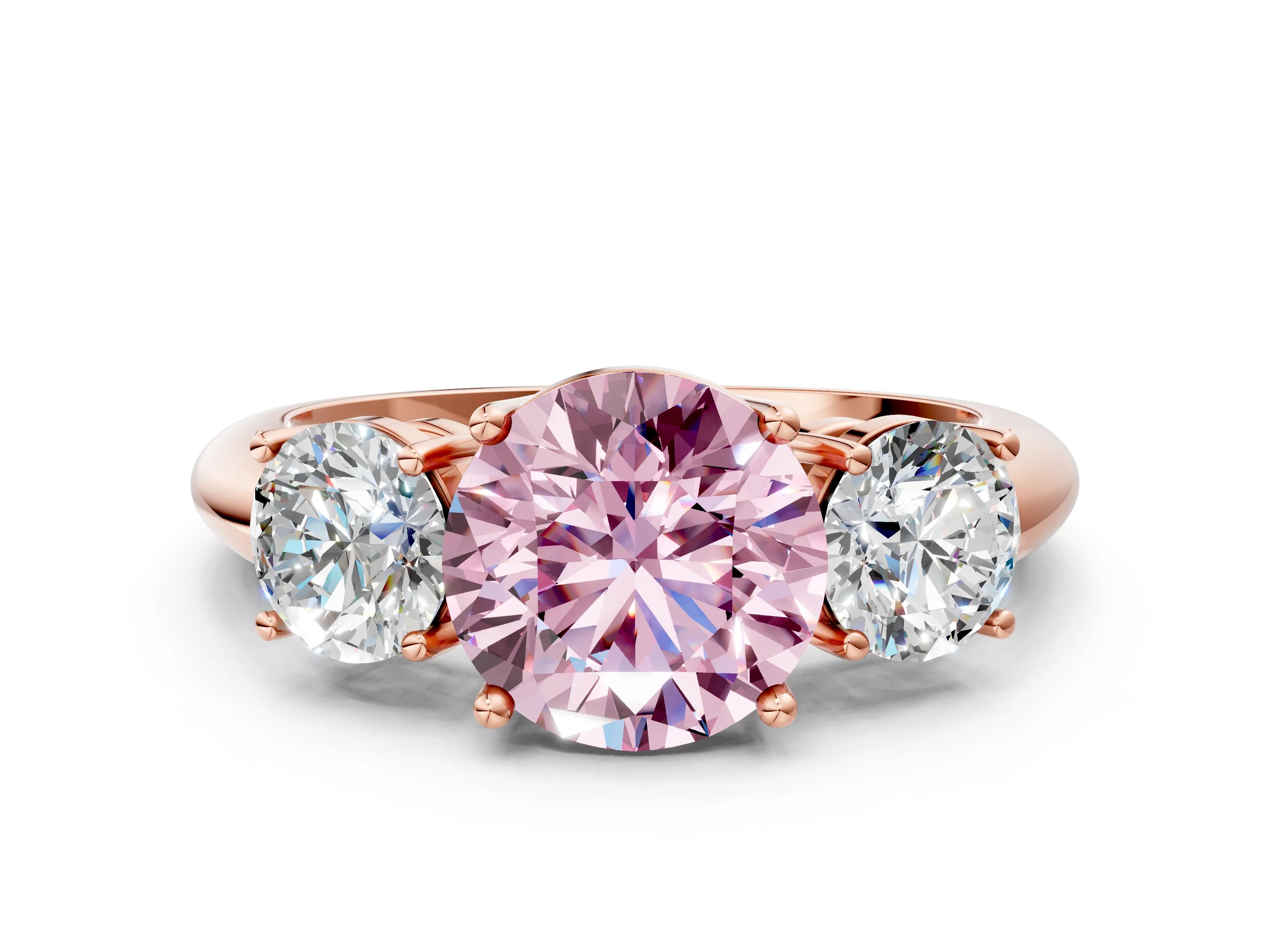 Rose gold Three-Stone Fancy Pink Round Cut Cut Diamond Engagement Ring with Prong Setting on a White Gold Band