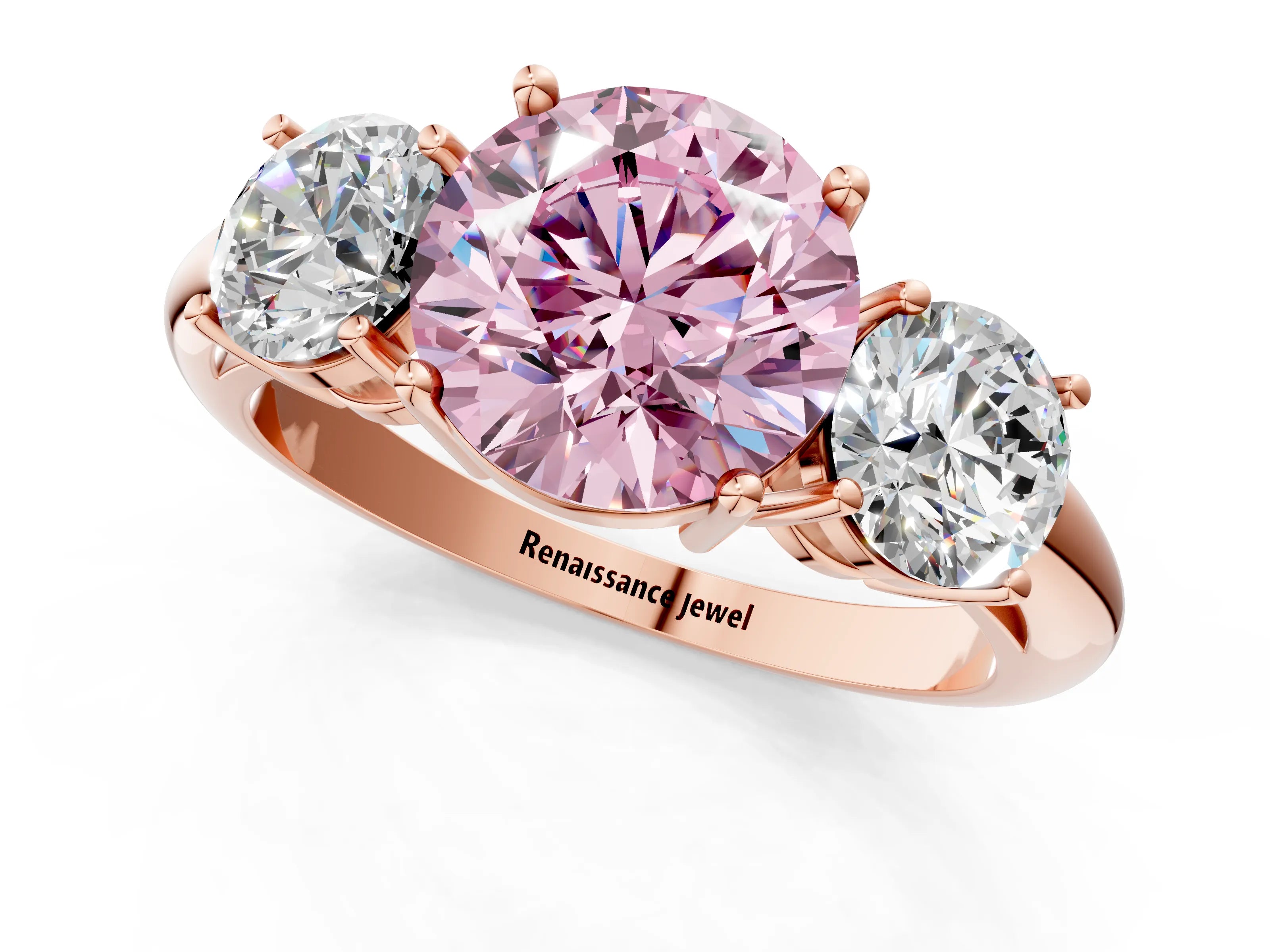 Rose gold Three-Stone Fancy Pink Round Cut Cut Diamond Engagement Ring with Prong Setting on a White Gold Band_1