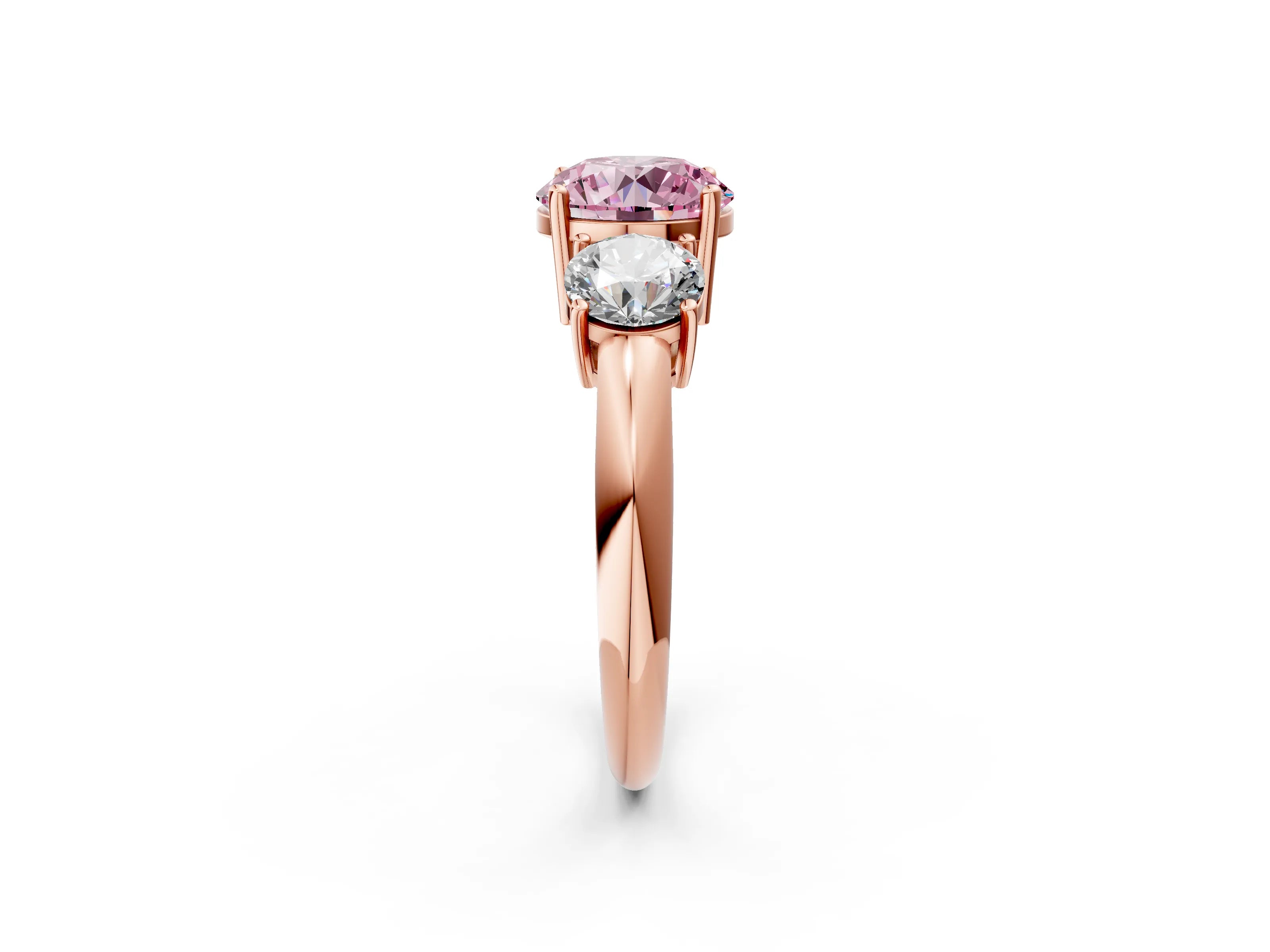 Rose gold Three-Stone Fancy Pink Round Cut Cut Diamond Engagement Ring with Prong Setting on a White Gold Band_2