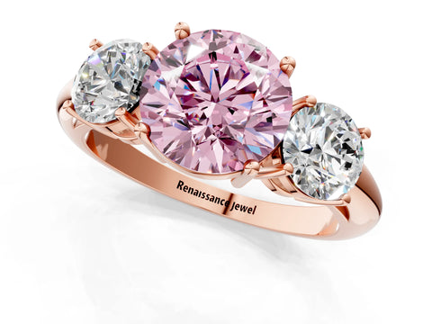 Rose gold Three-Stone Fancy Pink Round Cut Cut Diamond Engagement Ring with Prong Setting on a White Gold Band_25